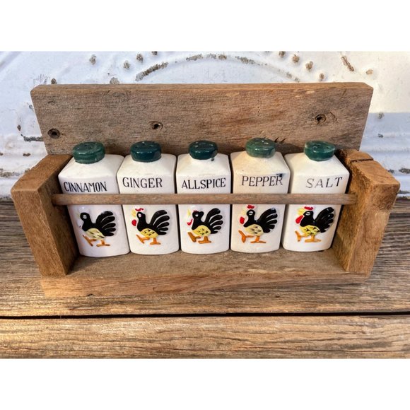 Vintage Spice Rack With Spice Jars Rooster Chicken Farmhouse - Picture 9 of 16
